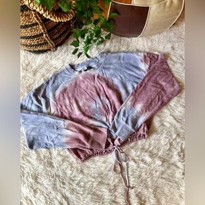 Tie-Dye Long Sleeve Drawstring Adjustable Waist Crop Top Sweatshirt